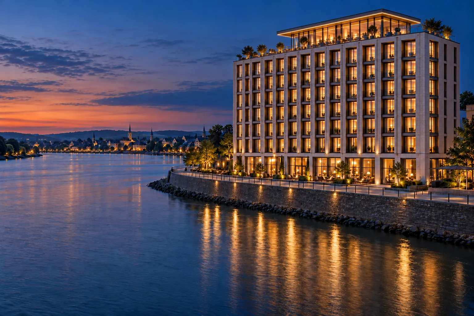Hotel am Rheinbogen at blue hour, seen across the river, visualisation