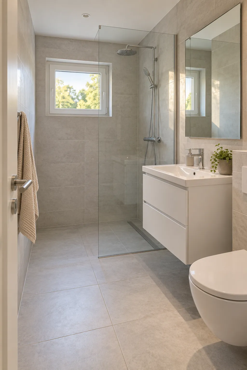 Modernised bathroom with walk-in shower, visualisation