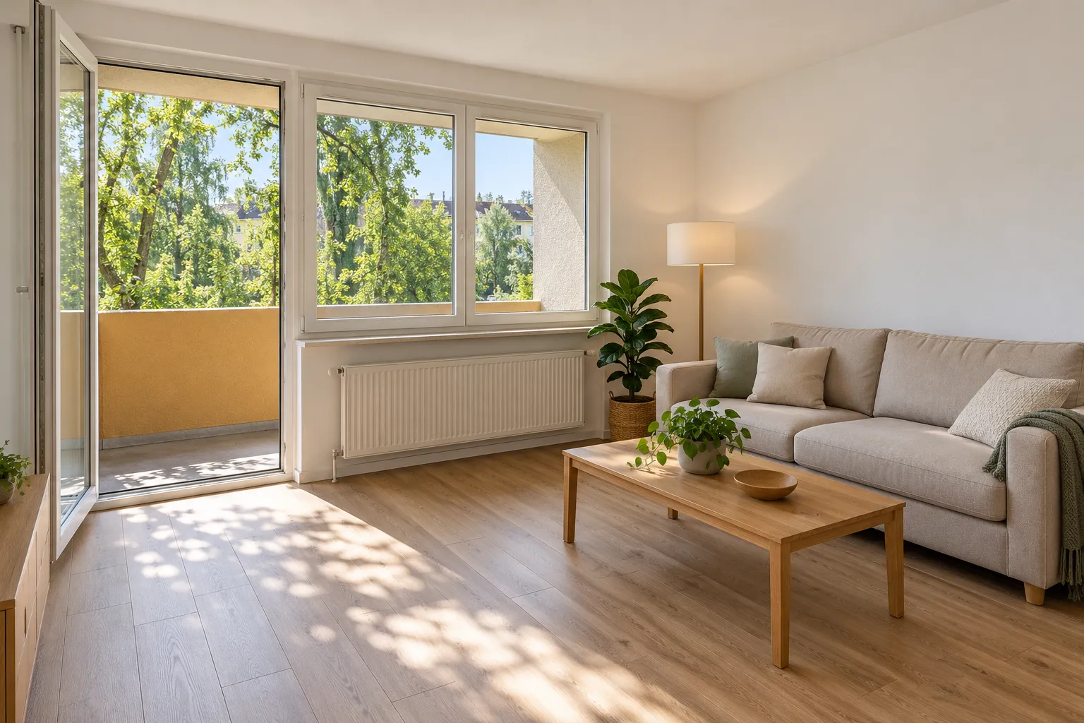 Modernised three-room flat, living room with loggia, visualisation