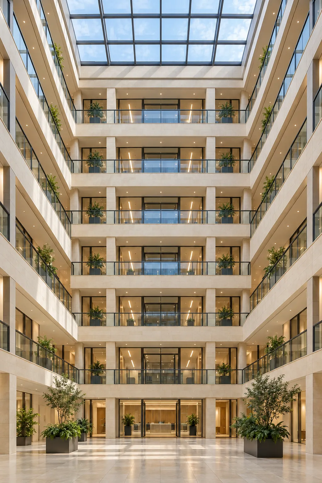 Glass-roofed atrium with galleries on six floors, visualisation