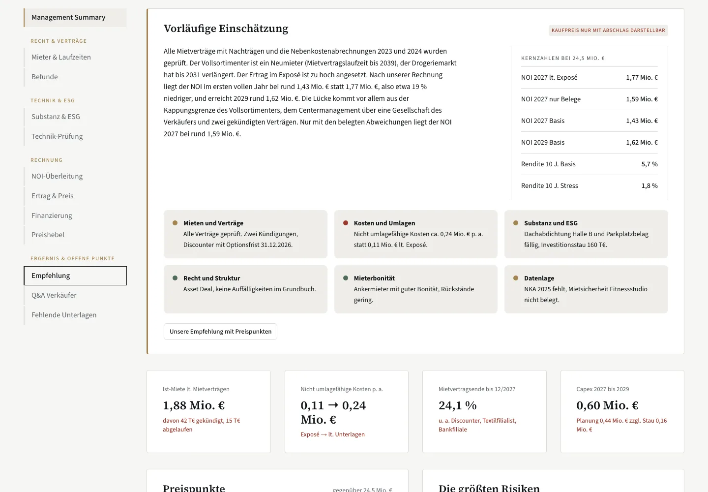 Management summary in the sample portal with assessment, key figures and traffic-light ratings